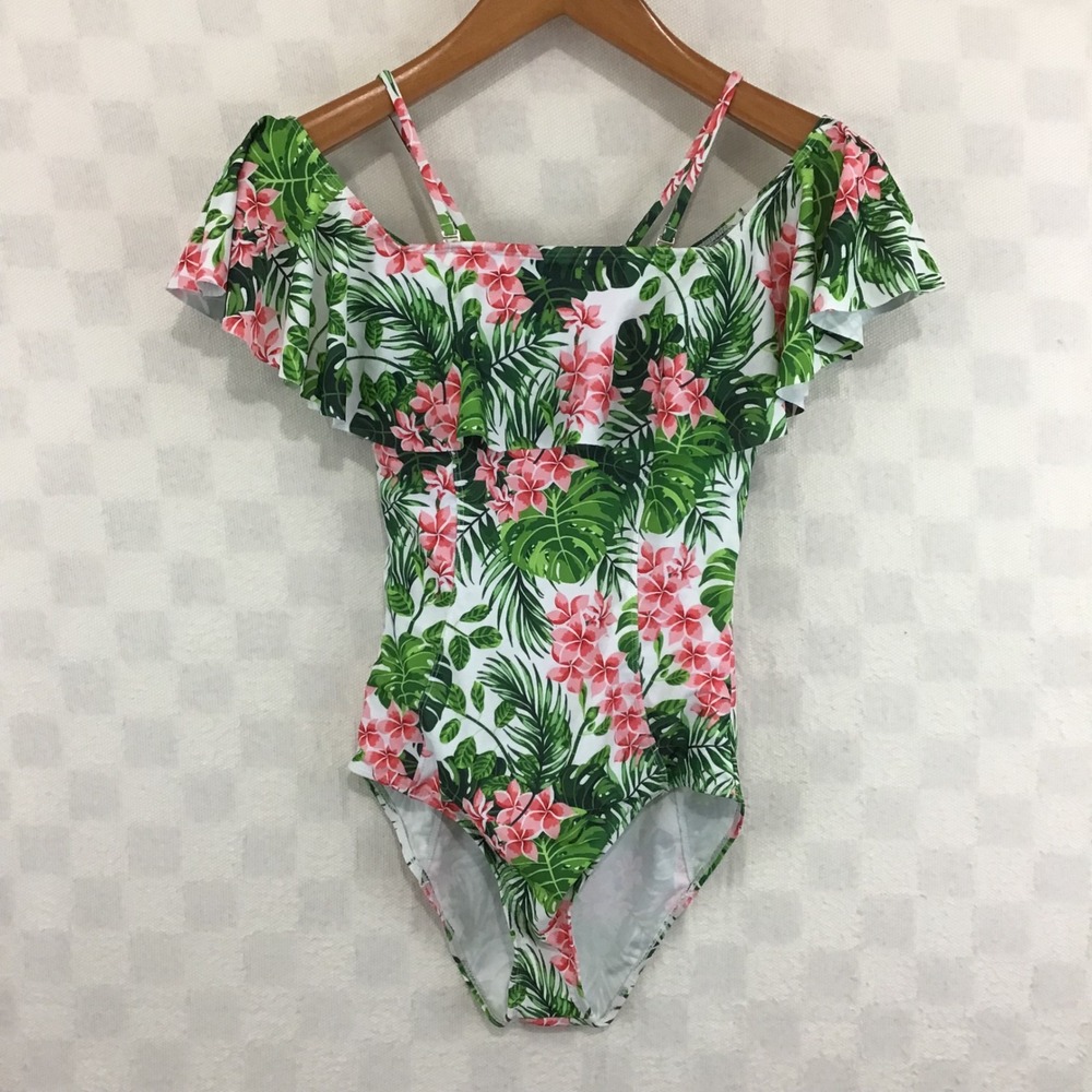Marina Vida Womens Tropical Floral Ruffle One Piece Swimsuit Medium Pink Green